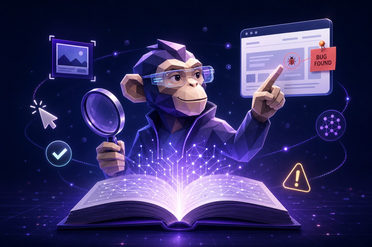 An open library of intelligence with a stylised AI monkey agent inspecting a webpage and pinning a bug